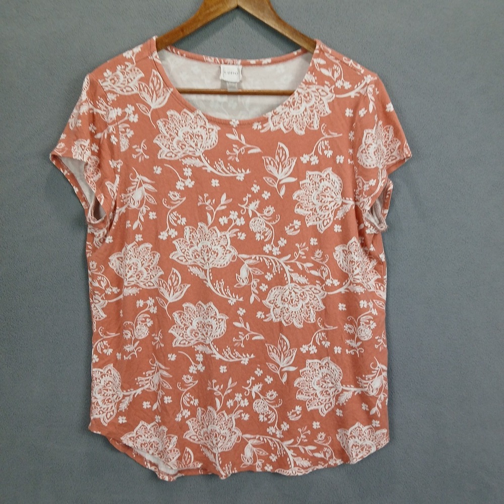Cupio Shirt Womens XL Salmon Orange Floral Viscose Stretch Round Neck Outdoor